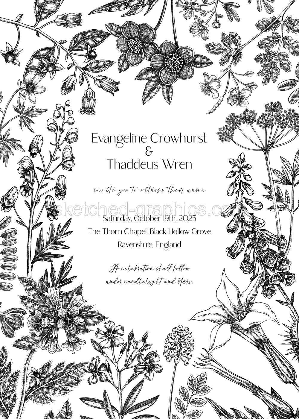Gothic wedding invitation design. Poisonous plant sketches. Hhand drawn illustration. Witchcraft, witch herbs apohecary frame template.  NOT AI generated Illustration